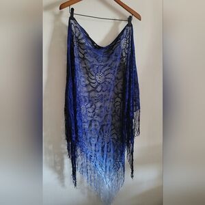 Vintage Floral Lace Triangular Shawl or Scarf with Fringe, Blue Ombre